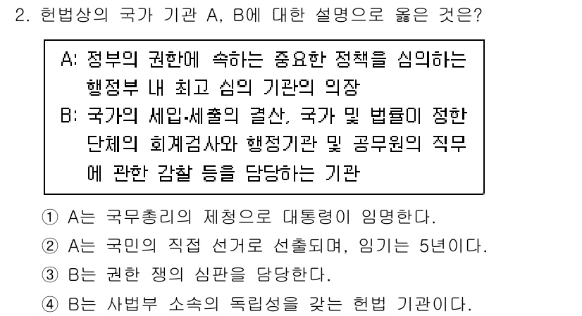 9급_국가직_공무원_사회 2020년 2번 - 정답 '2'는 A와 B의 설명이 각각 정부의 기구와 국가의 세무 행정을 ... 에 관한 핵심 기출문제