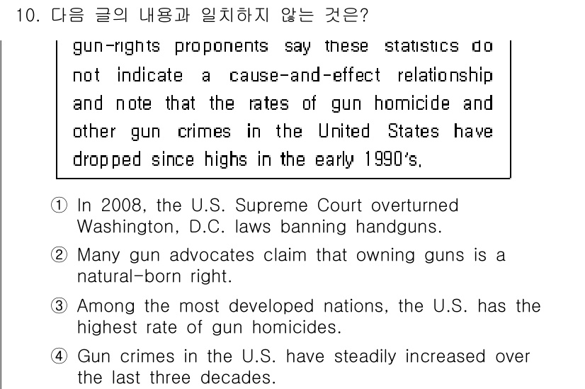 9급_국가직_공무원_영어 2020년 10번 - 정답 '4'는 주어진 글의 내용과 일치하지 않습니다. 글에서는 총기 폭력... 에 관한 핵심 기출문제