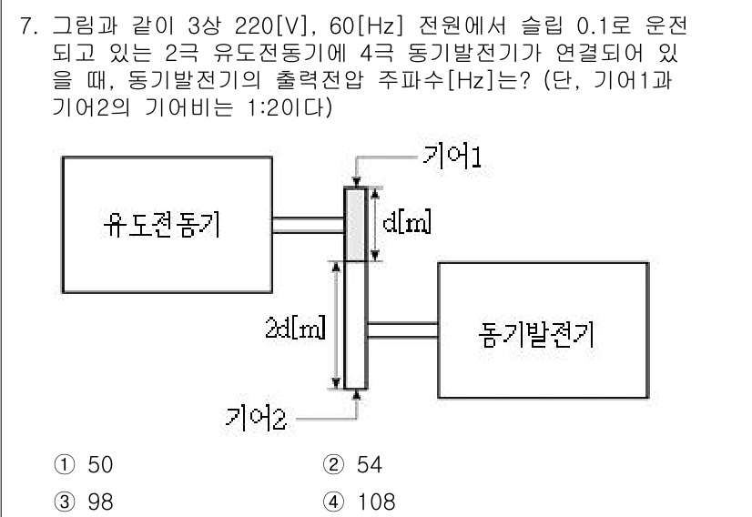 9급_국가직_공무원_전기기기 2020년 7번 - 주어진 문제는 두 유도전동기에 연결된 동기발전기의 주파수를 구하는 것입니... 에 관한 핵심 기출문제