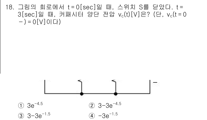 9급_국가직_공무원_전기이론 2020년 18번 - 주어진 회로에서 스위치를 닫았을 때, 커패시터의 전압 변화는 지수 함수로... 에 관한 핵심 기출문제