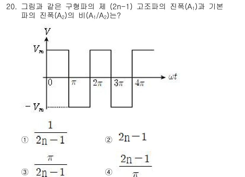 9급_국가직_공무원_전기이론 2020년 20번 - 주어진 문제는 고조파와 기본파의 진폭 비율을 묻고 있습니다. (2n-1)... 에 관한 핵심 기출문제