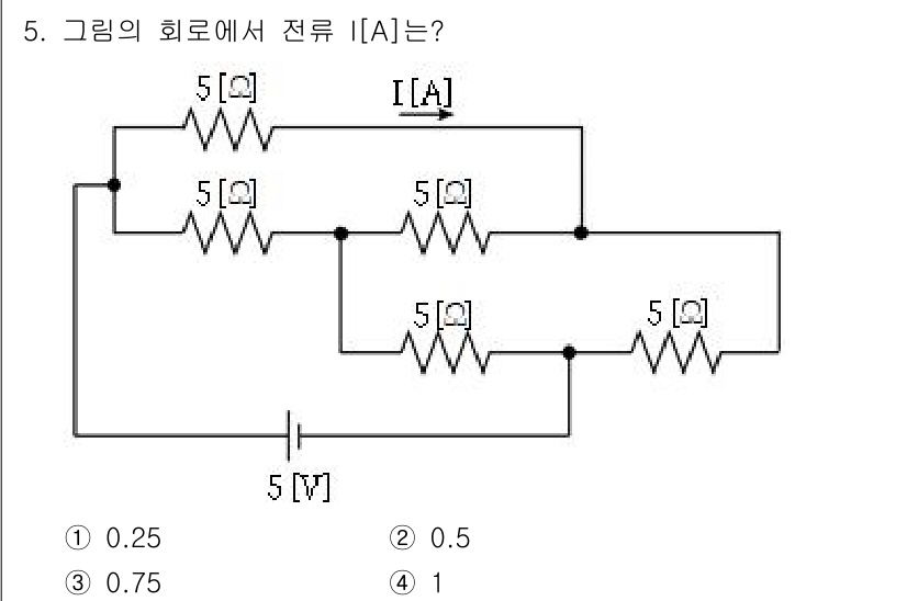 9급_국가직_공무원_전기이론 2020년 5번 - 주어진 회로에서 각 저항은 5Ω이며, 병렬 및 직렬 연결을 고려해야 합니... 에 관한 핵심 기출문제