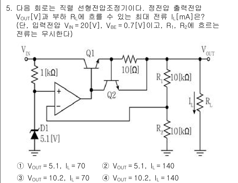 9급_국가직_공무원_전자공학개론 2020년 5번 - 이 회로는 전압 조정 회로로, 출력 전압 \( V_{OUT} \)는 다이... 에 관한 핵심 기출문제