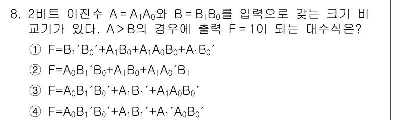 9급_국가직_공무원_전자공학개론 2020년 8번 - 주어진 문제에서 A와 B는 각각 2비트 이진수로 표현되며, A가 B보다 ... 에 관한 핵심 기출문제