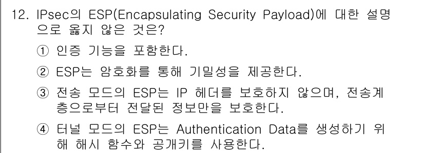 9급_국가직_공무원_정보보호론 2020년 12번 - 정답 '4'는 터널 모드의 ESP가 인증 데이터를 생성하기 위해 해시 함... 에 관한 핵심 기출문제