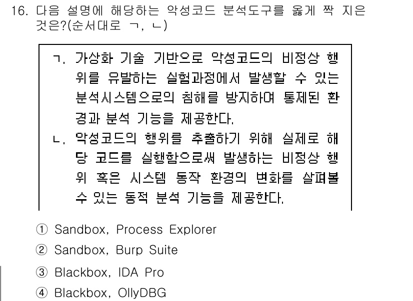 9급_국가직_공무원_정보보호론 2020년 16번 - 정답 '1'인 이유는 'Sandbox' 기술이 악성코드를 안전하게 실행하... 에 관한 핵심 기출문제