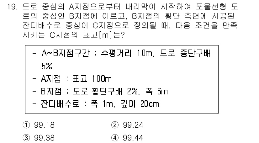 9급_국가직_공무원_조경학 2020년 19번 - 문제에서 A지점과 B지점의 높이 차이를 고려하여 잔디 배수구의 C지점 높... 에 관한 핵심 기출문제