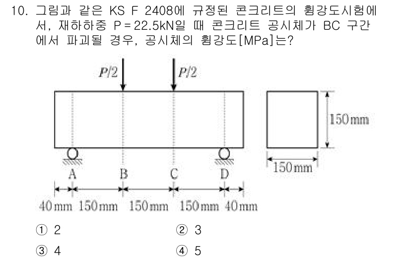 9급_국가직_공무원_토목설계 2020년 10번 - 주어진 문제는 콘크리트 공시체의 최대 하중을 계산하는 문제입니다. BC ... 에 관한 핵심 기출문제