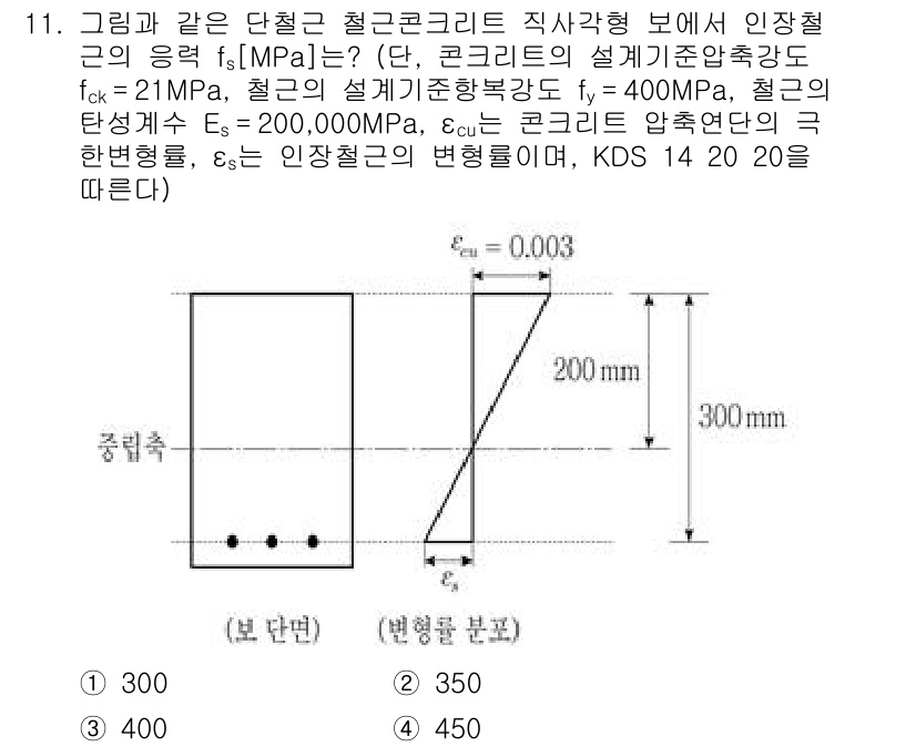 9급_국가직_공무원_토목설계 2020년 11번 - 이 문제는 철근 콘크리트의 인장철근 응력 계산에 관한 것입니다. 주어진 ... 에 관한 핵심 기출문제