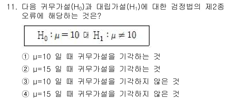 9급_국가직_공무원_통계학개론 2020년 11번 - 제2종 오류는 대립가설이 참일 때 귀무가설을 잘못 채택하는 경우입니다. ... 에 관한 핵심 기출문제