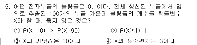 9급_국가직_공무원_통계학개론 2020년 5번 - 주어진 문제에서 불량률이 0.1%인 전자부품의 경우, 100개의 부품 중... 에 관한 핵심 기출문제