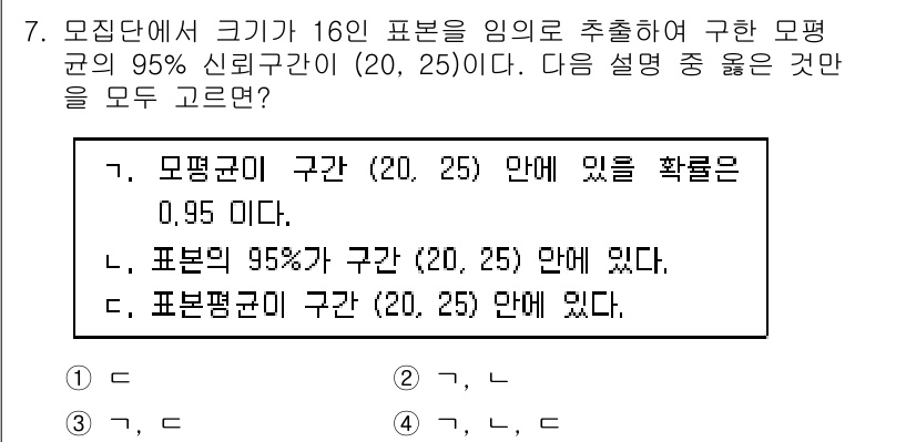 9급_국가직_공무원_통계학개론 2020년 7번 - 모집단의 모평균이 (20, 25) 구간에 있을 확률이 0.95라는 것은 ... 에 관한 핵심 기출문제