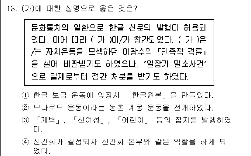 9급_국가직_공무원_한국사 2020년 13번 - 이 문제에서 '가'에 대한 설명으로 올바른 것은 ②입니다. '브나로드 운... 에 관한 핵심 기출문제
