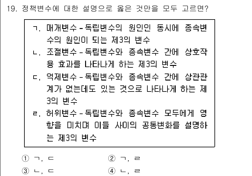 9급_국가직_공무원_행정학개론 2020년 19번 - 정답 '4'는 허위변수와 종속변수 간의 관계를 설명하며, 두 변수의 관계... 에 관한 핵심 기출문제