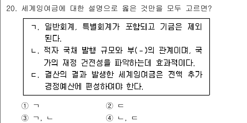 9급_국가직_공무원_행정학개론 2020년 20번 - 세계잉여금의 정의와 역할을 명확히 이해하면, 해당 문제의 정답은 '1'입... 에 관한 핵심 기출문제
