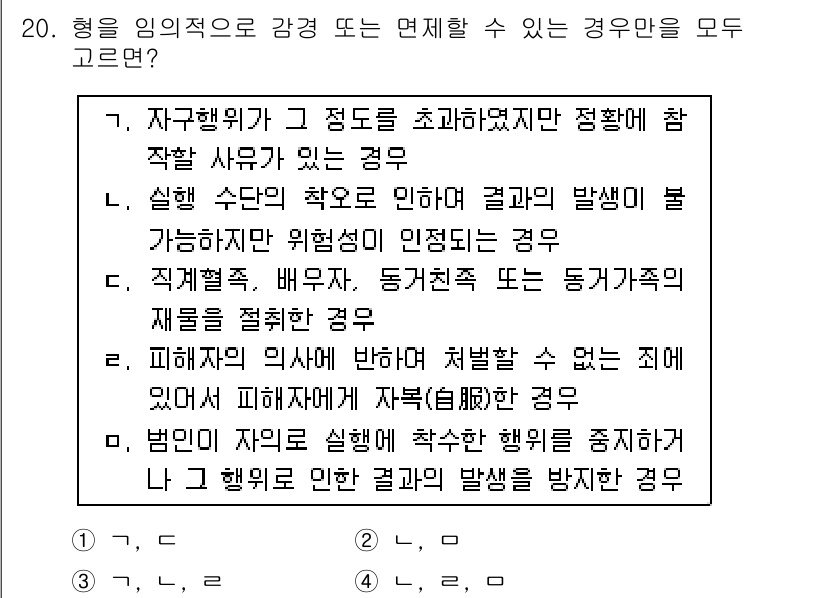 9급_국가직_공무원_형법총론 2020년 20번 - 형을 임의적으로 감경 또는 면제할 수 있는 경우는 법적 요건이 충족된 경... 에 관한 핵심 기출문제