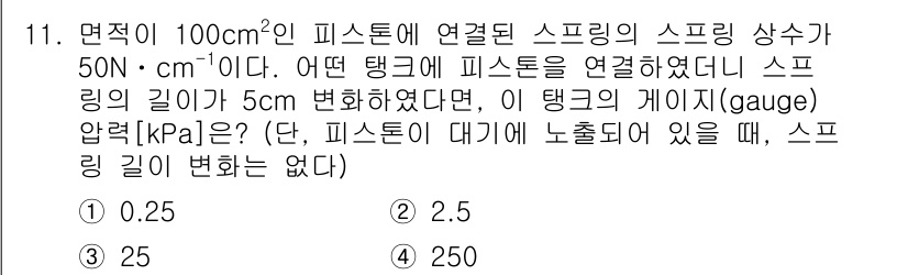 9급_국가직_공무원_화학공학일반 2020년 11번 - 주어진 문제에서 피스톤의 힘은 50 N·cm⁻¹이고, 면적은 100 cm... 에 관한 핵심 기출문제