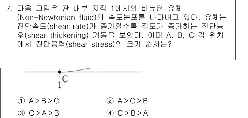 9급_국가직_공무원_화학공학일반 2020년 7번 - 비뉴턴 유체의 전단응력은 전단속도와 비선형적인 관계를 가집니다. 전단속도... 에 관한 핵심 기출문제