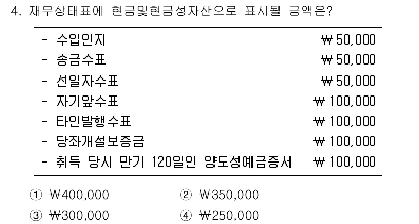 9급_국가직_공무원_회계원리 2020년 4번 - 재무상태표에서 현금 및 현금성 자산에는 수입인지, 송금수표, 선일자수표,... 에 관한 핵심 기출문제