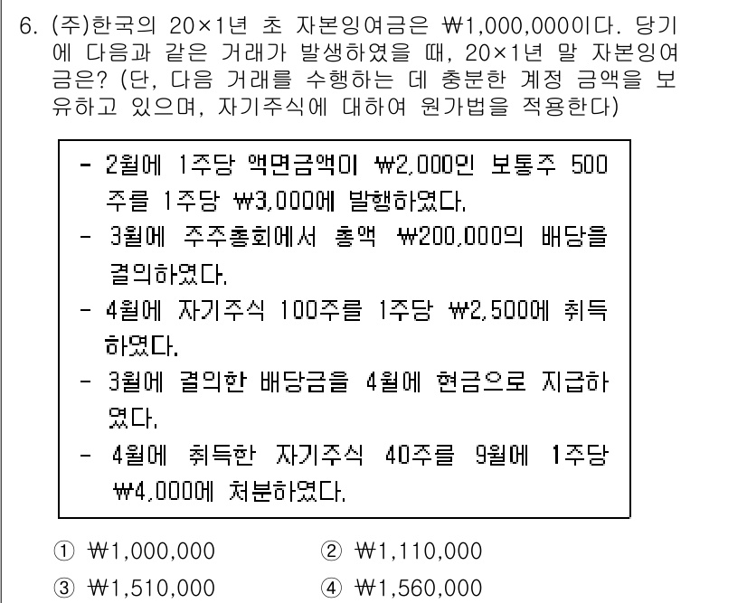 9급_국가직_공무원_회계원리 2020년 6번 - 주어진 문제에서 자본잉여금 계산에 필요한 거래 내역을 정리하면, 2월과 ... 에 관한 핵심 기출문제