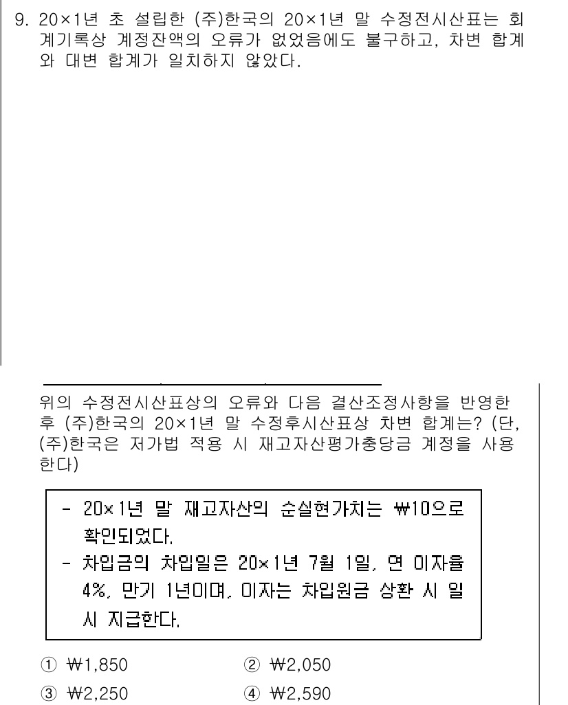 9급_국가직_공무원_회계원리 2020년 9번 - 이 문제의 정답은 '3'입니다. 자산 평가 및 변동액 계산에서, 순실현가... 에 관한 핵심 기출문제
