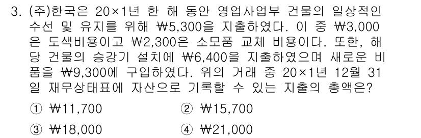 9급_국가직_공무원_회계학 2020년 3번 - 이 문제에서 제시된 총 지출은 도색비용, 소모품 교체비용, 건물 승강기 ... 에 관한 핵심 기출문제