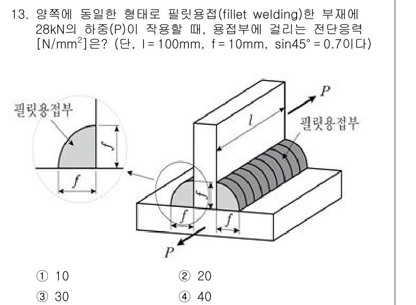 9급_국가직_공무원_기계설계 2020년 13번 - 전단응력(τ)은 하중(P)과 용접부의 단면적(A)으로 계산됩니다. 이 문... 에 관한 핵심 기출문제