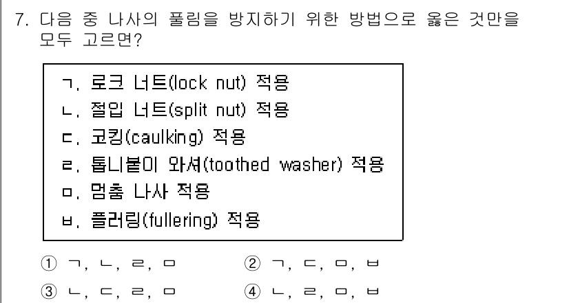 9급_국가직_공무원_기계설계 2020년 7번 - 플리밍을 방지하는 방법으로는 로크 너트, 절입 너트, 코킹, 톱니블이 와... 에 관한 핵심 기출문제