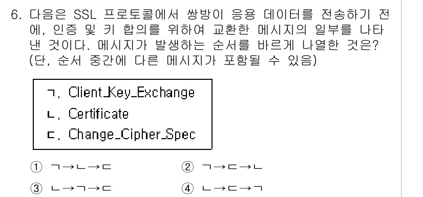 9급_국가직_공무원_네트워크보안 2020년 6번 - SSL 프로토콜에서 클라이언트와 서버 간의 메시지 순서는 중요한데, 클라... 에 관한 핵심 기출문제
