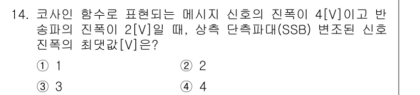9급_국가직_공무원_무선공학개론 2020년 14번 - 코사인 함수가 표현하는 메세지 신호의 진폭이 4[V]이고, 반송파의 진폭... 에 관한 핵심 기출문제
