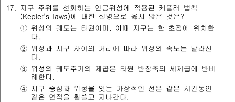 9급_국가직_공무원_무선공학개론 2020년 17번 - 정답이 '3'인 이유는, 케플러의 법칙에서 위성의 궤도주기가 타원 반장축... 에 관한 핵심 기출문제