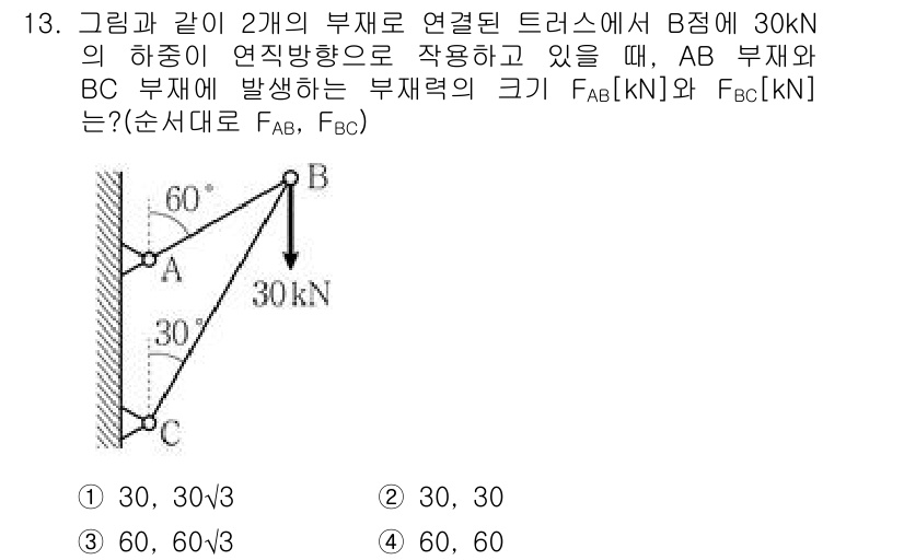 9급_국가직_공무원_응용역학개론 2020년 13번 - 주어진 문제에서는 B점에서 작용하는 하중 30kN을 두 개의 부재로 분산... 에 관한 핵심 기출문제