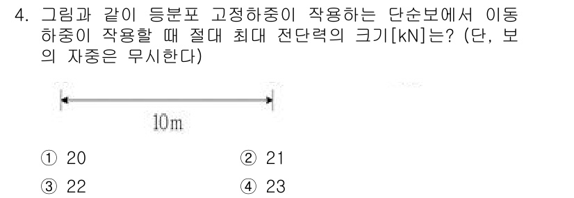 9급_국가직_공무원_응용역학개론 2020년 4번 - 이 문제는 정정적인 하중에 의해 발생하는 최대 전단력을 구하는 것입니다.... 에 관한 핵심 기출문제
