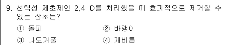 9급_국가직_공무원_재배학개론 2020년 9번 - 2,4-D는 선택성 제초제로, 주로 넉넉하게 자라는 식물에 효과적입니다.... 에 관한 핵심 기출문제