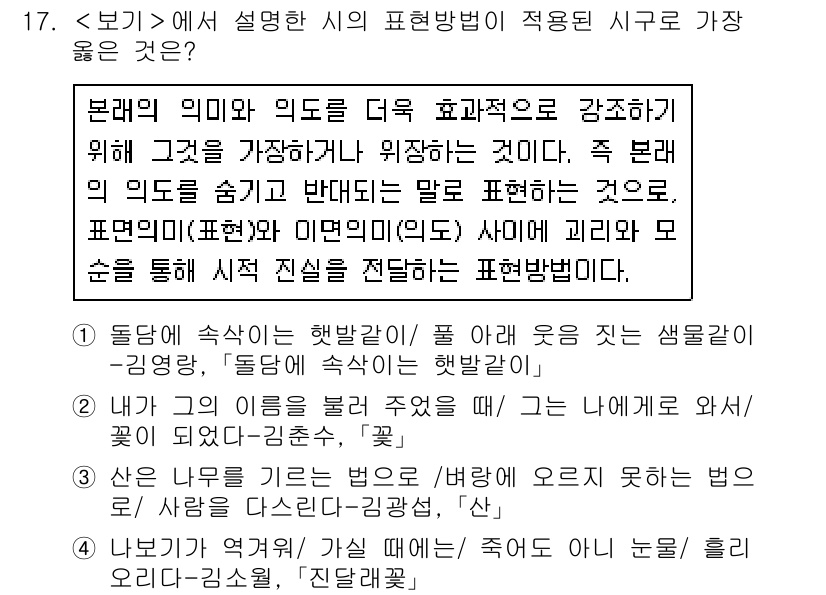 9급_지방직_공무원_서울시_국어 2020년 17번 - 주어진 시의 표현 방법에서 '4'번 선택지가 가장 적합한 이유는 비유적 ... 에 관한 핵심 기출문제