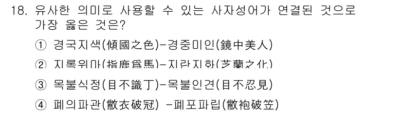 9급_지방직_공무원_서울시_국어 2020년 18번 - 정답이 '4'인 이유는 '폐의파관(惡衣破冠)'이 중국 고사에서 유래한 성... 에 관한 핵심 기출문제