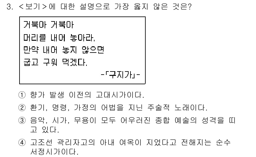 9급_지방직_공무원_서울시_국어 2020년 3번 - 문제에서 제시된 내용은 '구지가'의 특성을 설명하고 있습니다. 정답인 '... 에 관한 핵심 기출문제