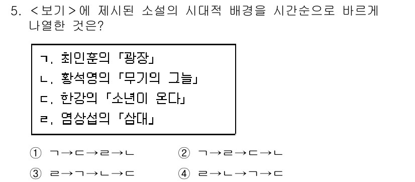9급_지방직_공무원_서울시_국어 2020년 5번 - 정답 '3'은 제시된 소설의 시대적 배경을 시간순으로 나열한 것입니다. ... 에 관한 핵심 기출문제