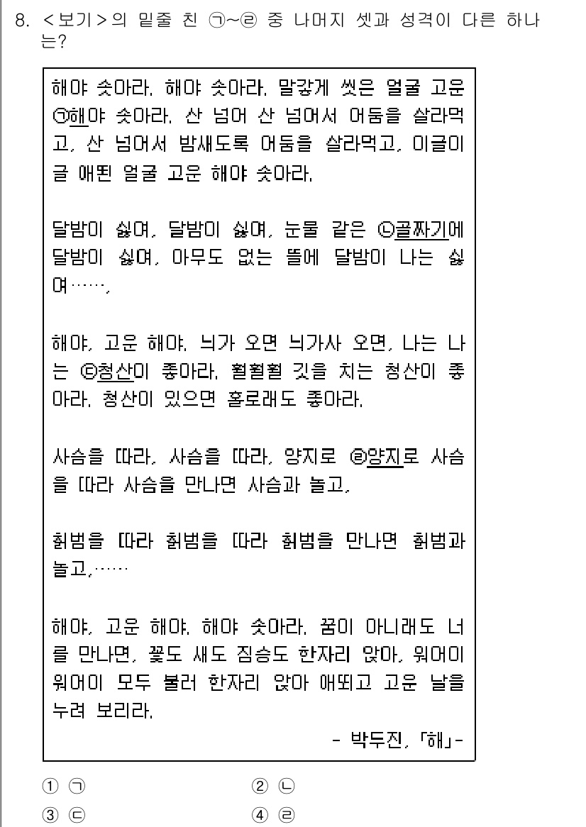 9급_지방직_공무원_서울시_국어 2020년 8번 - 주어진 글에서는 반복적인 표현과 감정이 드러나는 방식이 뚜렷합니다. '1... 에 관한 핵심 기출문제