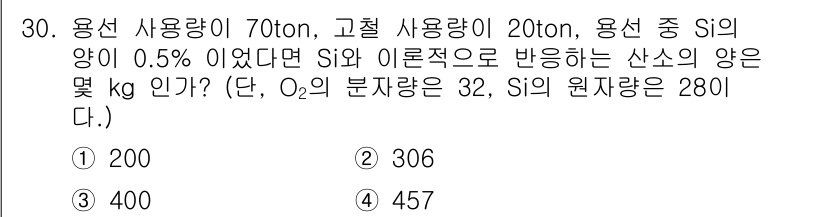 제강기능장 2016년 30번 - 주어진 문제에서 용선과 고철의 사용량이 각각 70ton과 20ton이고,... 에 관한 핵심 기출문제