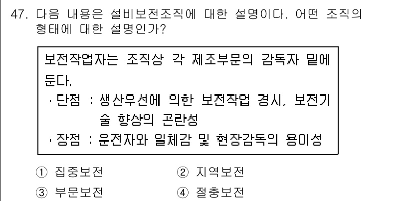 제강기능장 2016년 47번 - 주어진 설명은 보전작업자가 각 제조부문의 감독자와 협력하여 수행되는 구조... 에 관한 핵심 기출문제