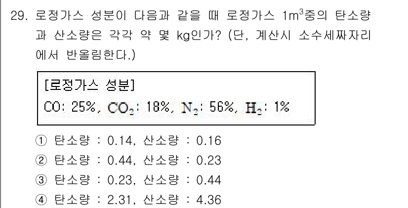 제선기능장 2016년 29번 - 주어진 로정가스 성분에서 각각의 기체 비율에 따라 탄소량과 산소량을 계산... 에 관한 핵심 기출문제