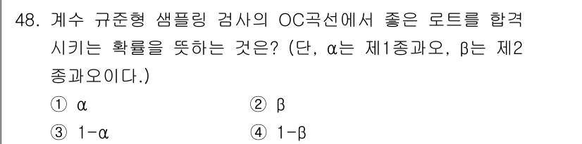 제선기능장 2016년 48번 - 주어진 문제에서 '계수 기준형 샘플링 검사의 OC곡선에서 좋은 로트를 합... 에 관한 핵심 기출문제