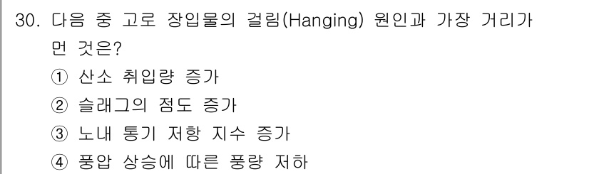 제선기능장 2018년 30번 - 고로 장입물의 걸림 원인과 가장 관련이 깊은 것은 '산소 취입량 증가'입... 에 관한 핵심 기출문제