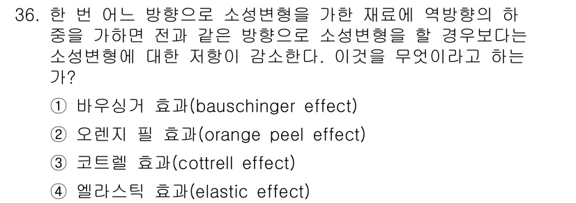압연기능장 2017년 36번 - 주어진 문제는 재료의 소성변형 관련 현상에 대한 질문입니다. '바우싱거 ... 에 관한 핵심 기출문제