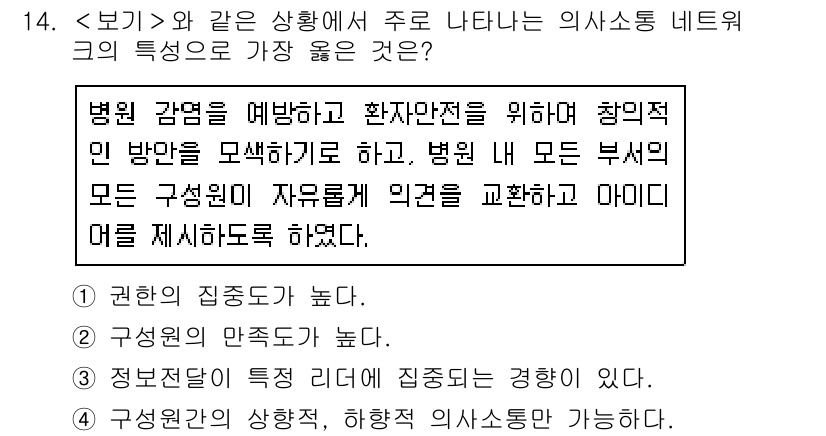 9급_지방직_공무원_서울시_간호관리(8급) 2020년 14번 - 주어진 상황에서는 병원 구성원들이 서로 의견을 교환하고 소통하는 것이 중... 에 관한 핵심 기출문제