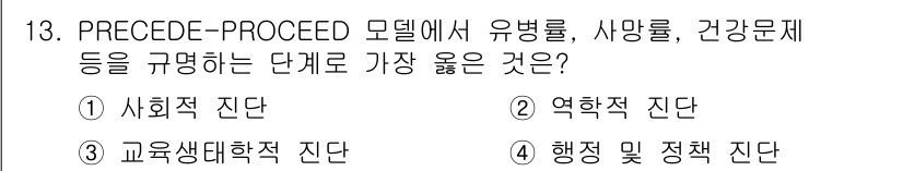 9급_지방직_공무원_서울시_공중보건 2020년 13번 - PRECEDE-PROCEED 모델에서 유병률, 사망률, 건강문제를 규명하... 에 관한 핵심 기출문제