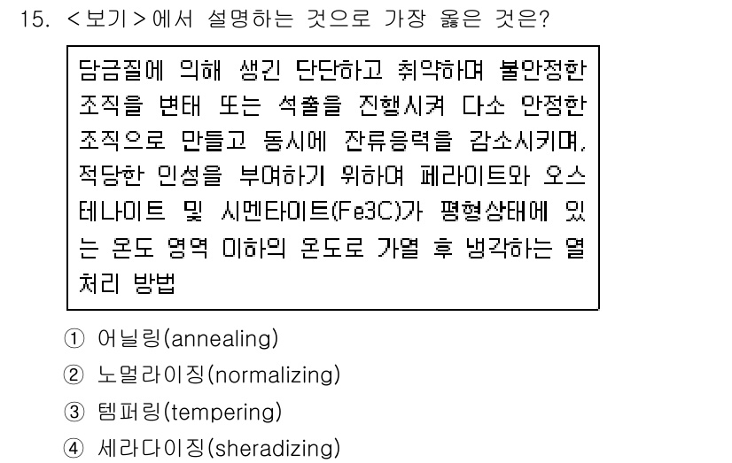 9급_지방직_공무원_서울시_기계일반 2020년 15번 - 주어진 설명은 금속의 결정 구조와 잔류 응력을 줄이기 위한 열처리 과정에... 에 관한 핵심 기출문제