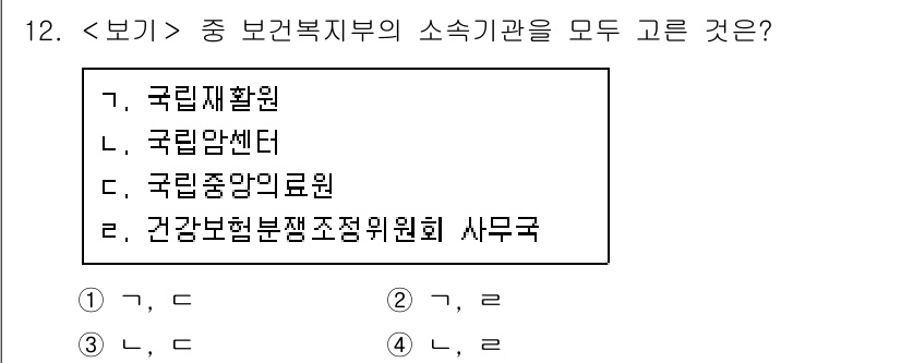 9급_지방직_공무원_서울시_보건행정 2020년 12번 - 정답 '2'는 보건복지부의 소속기관을 정확히 반영하고 있습니다. '국립재... 에 관한 핵심 기출문제