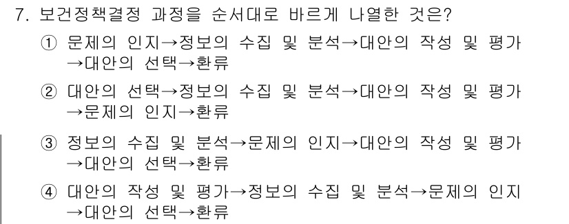 9급_지방직_공무원_서울시_보건행정 2020년 7번 - 보건정책 결정 과정은 문제 인지 → 정보 수집 및 분석 → 대안의 작성 ... 에 관한 핵심 기출문제